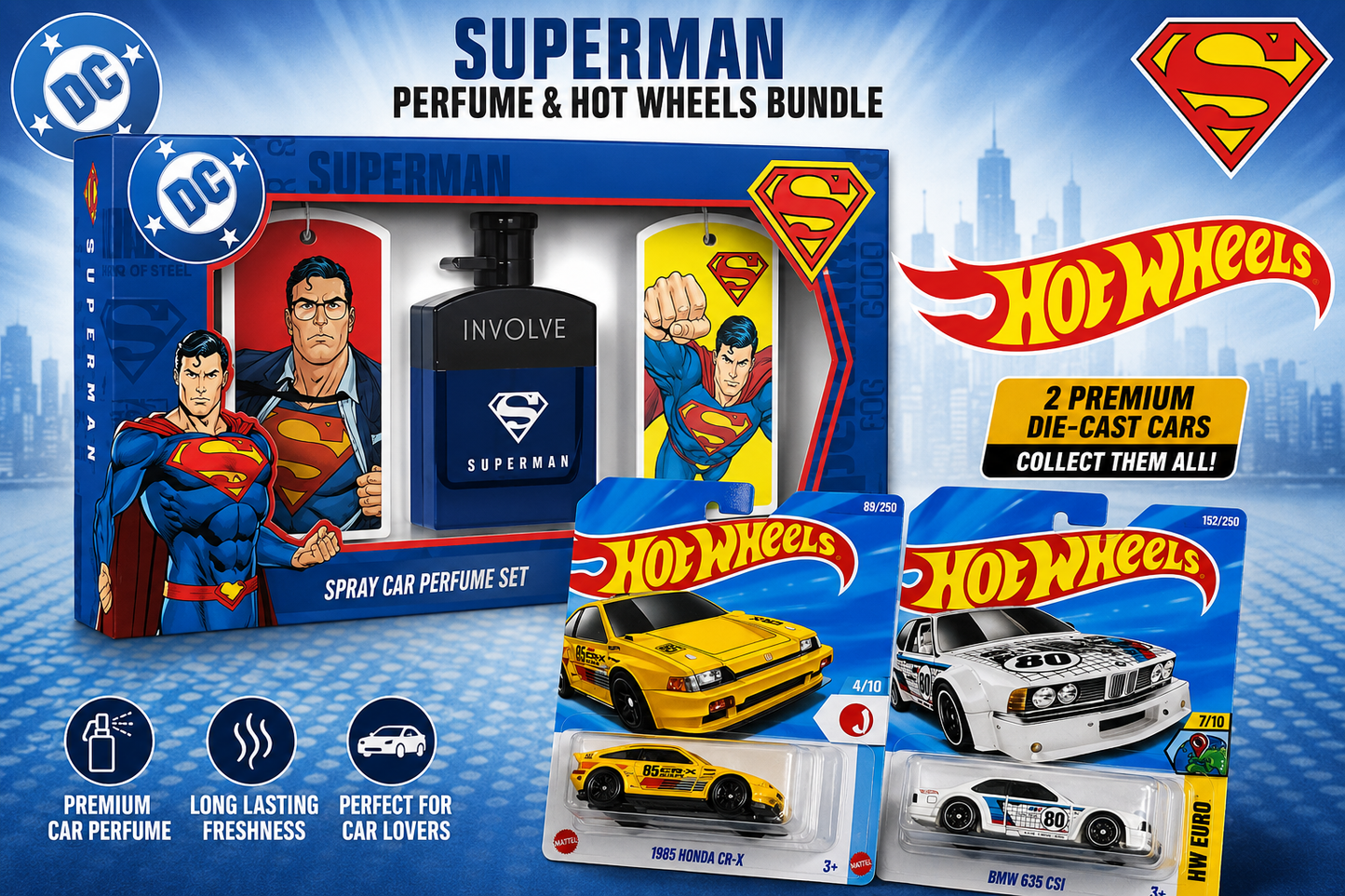 OFFICIAL DC- Superman Car Air Freshener Spray+ Hot Wheels Bundle