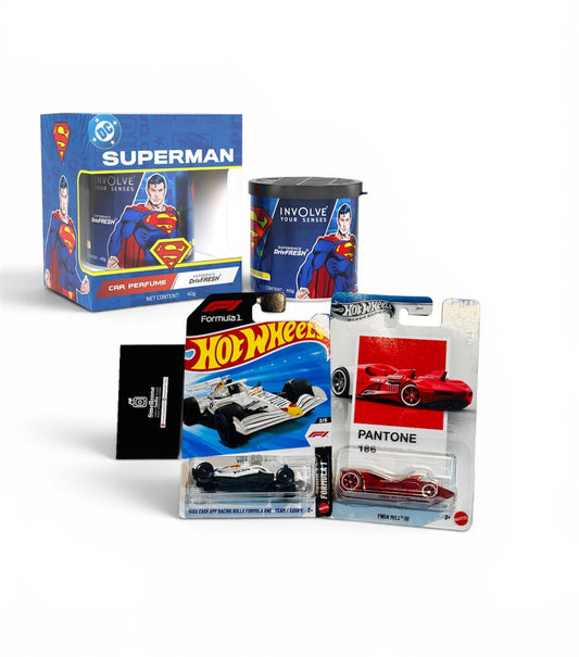 Superman Car Fragrance: Fiber Tin Can OFFICIAL DC+ Hot Wheels Bundle