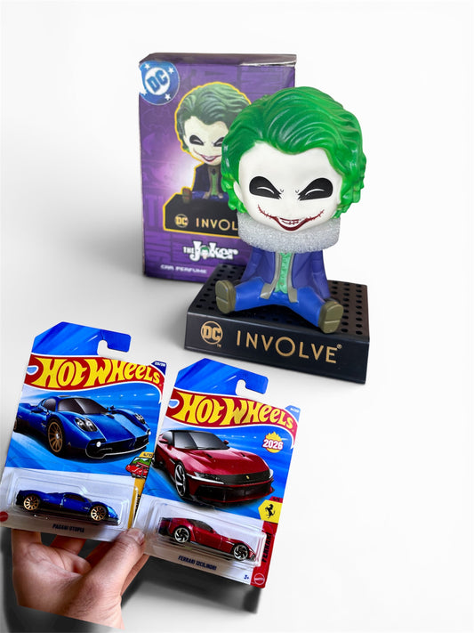Joker Character Fiber Car Perfume with OFFICIAL DC MERCHANDISE+ Hot Wheels Bundle (2 refills of 15 g)